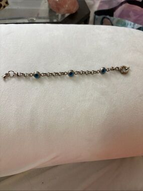 Vintage Silver Link Bracelet with Blue Evil Eye Accents